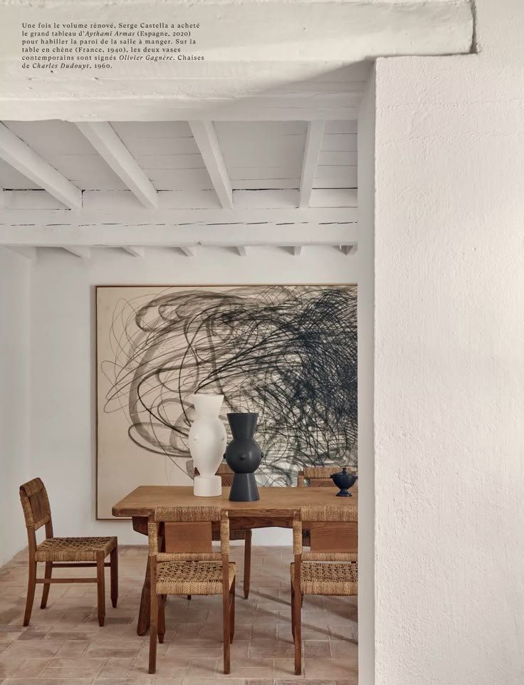 Wooden Dining Table And Chairs Beneath A Large Abstract Painting — Everyday Interiors in Helensburgh, NSW