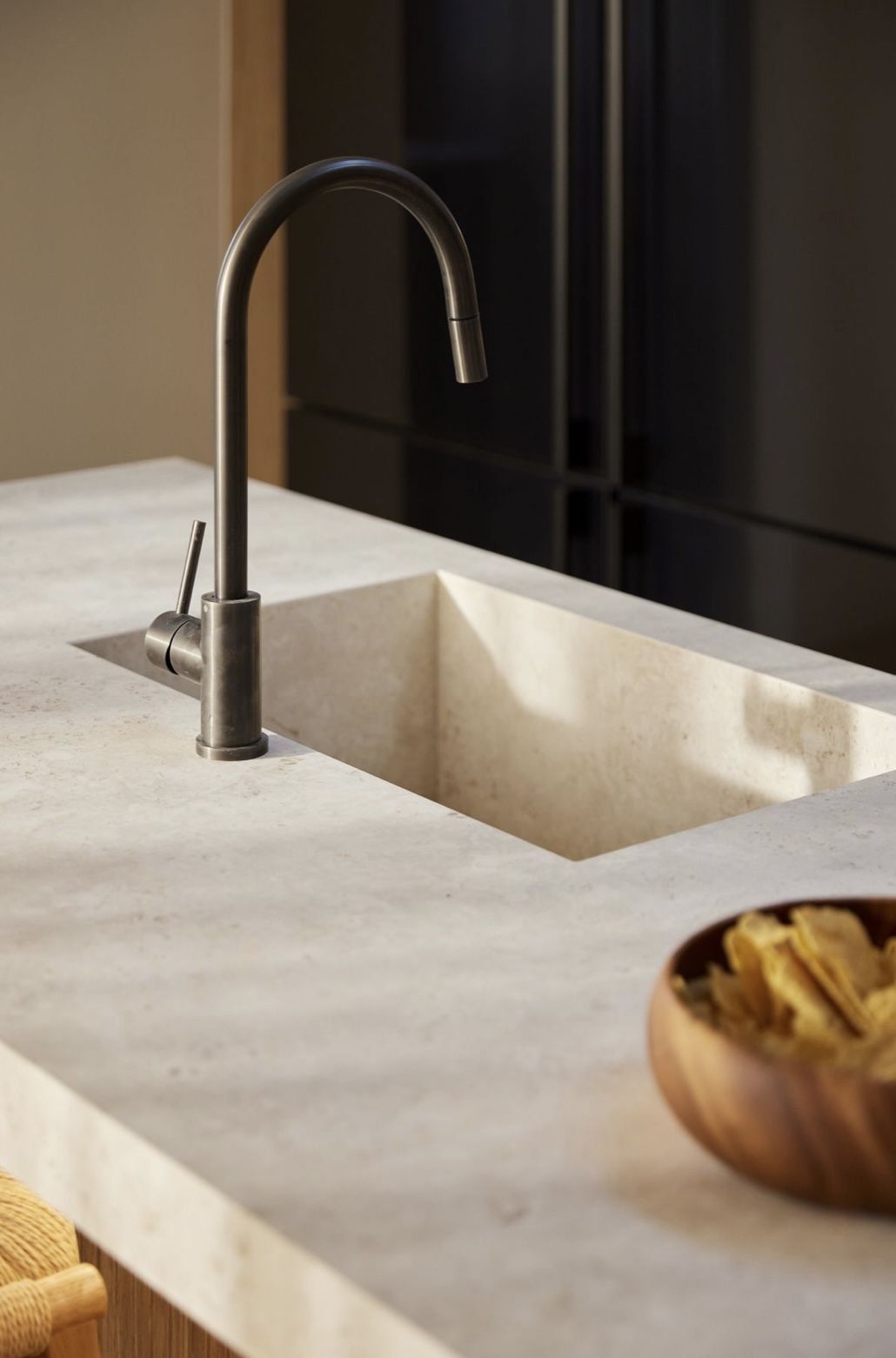 Modern Kitchen Sink With Tall Chrome Faucet And Light Stone Countertop — Everyday Interiors in Helensburgh, NSW
