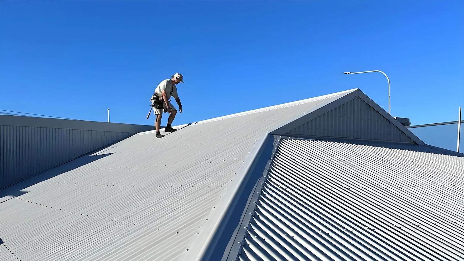 Professional Roofer Working On Metal Roofing In Ballina