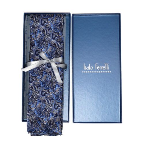 Paisley patterned tie and pocket square in a blue gift box tied with a silver ribbon.
