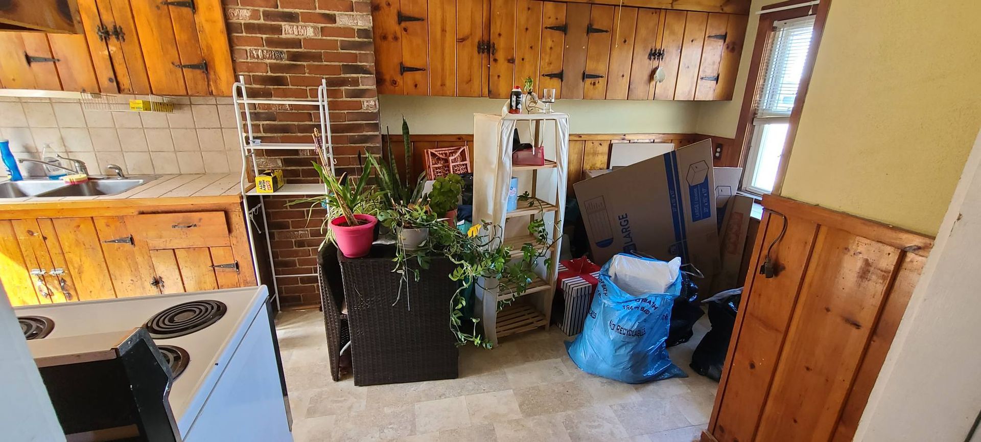 Small kitchen with wood paneling, stove, potted plants, and bags of stored items near the window.