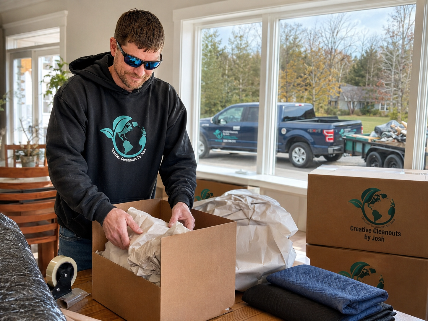 Two people wrapping a chair in plastic while moving boxes in a bright room