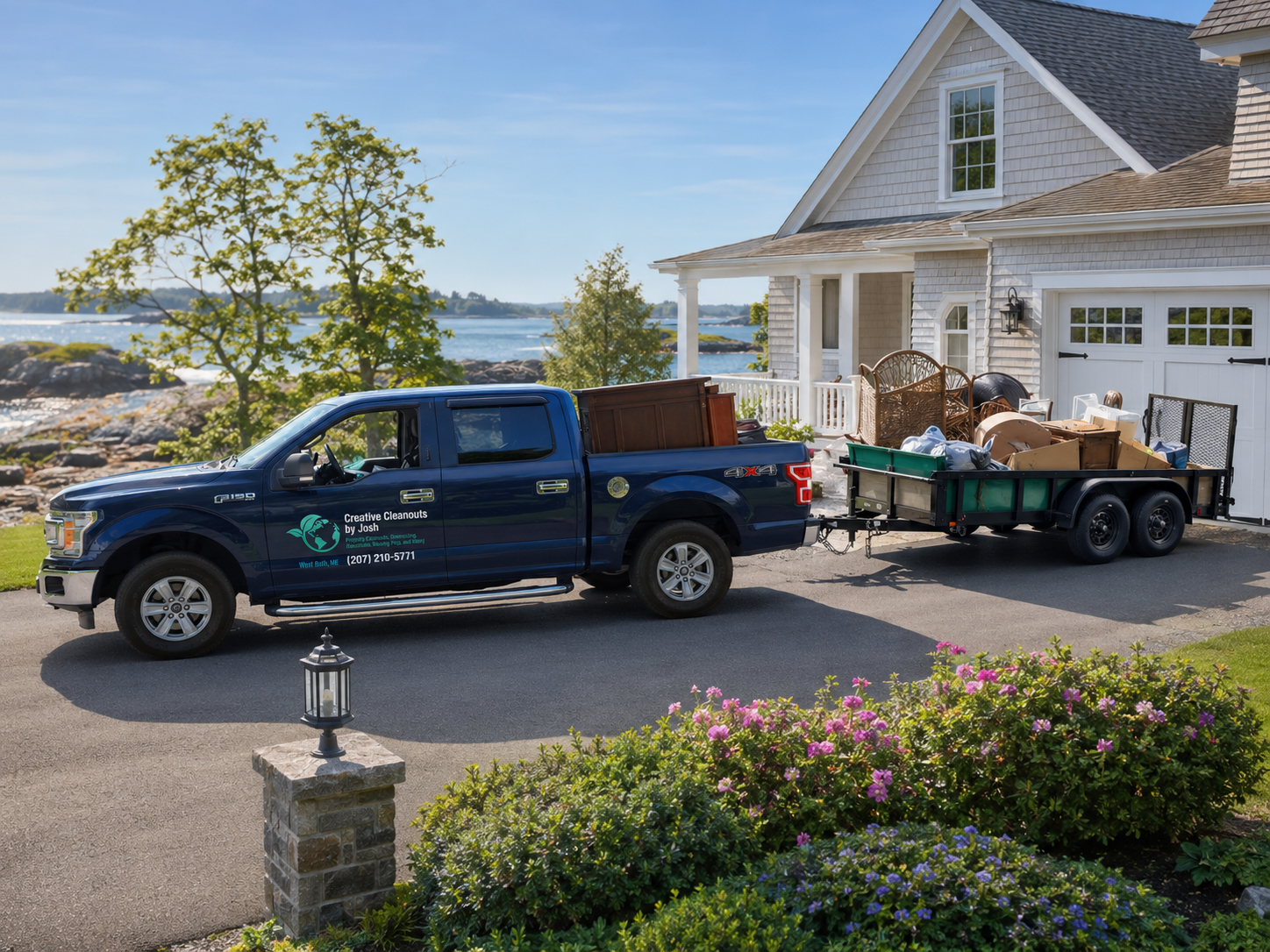 Open moving truck packed with boxes, plants, chair, and furniture, with ramp down at the rear.