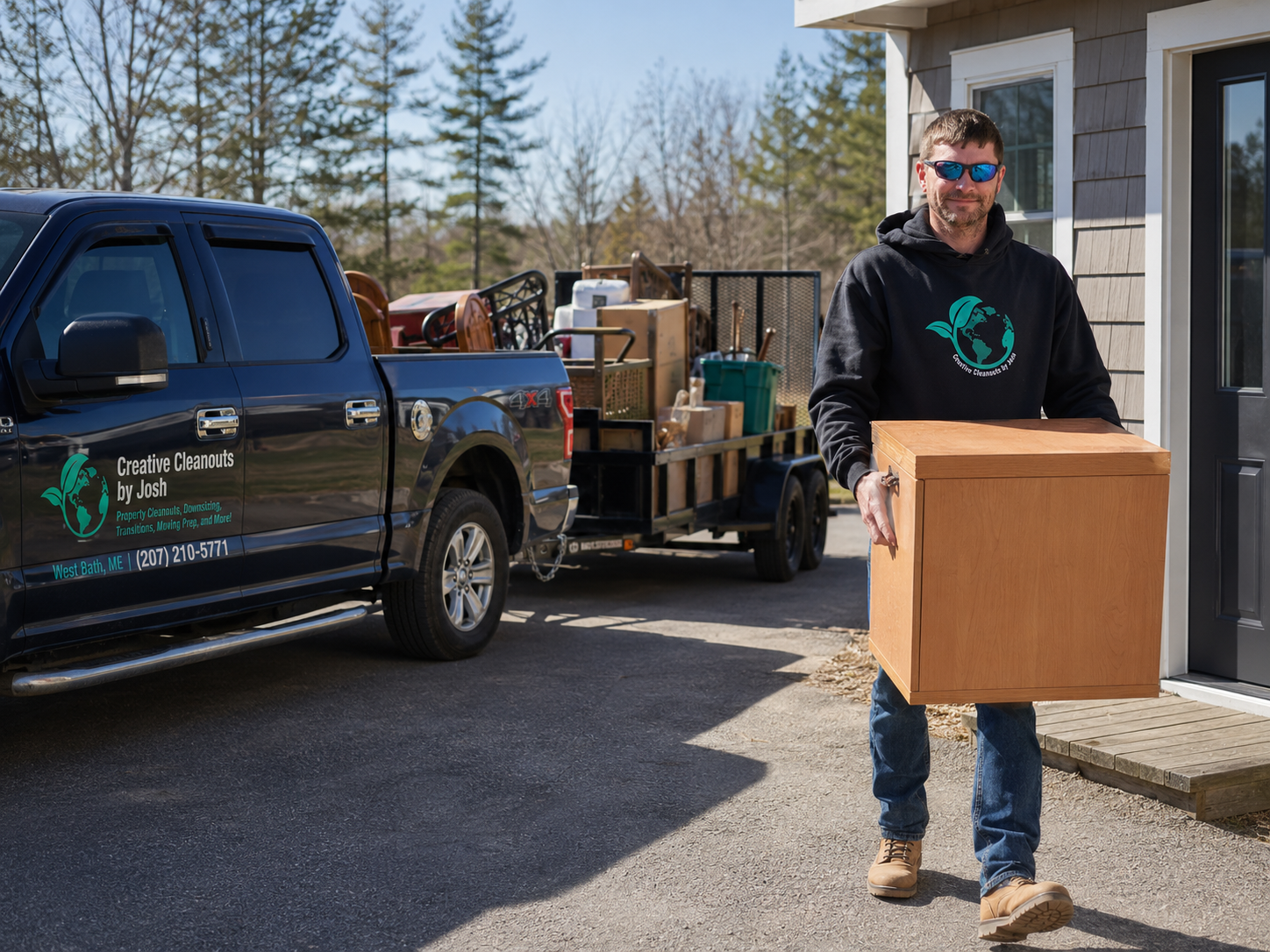 Moving truck being loaded with cardboard boxes and furniture in a driveway