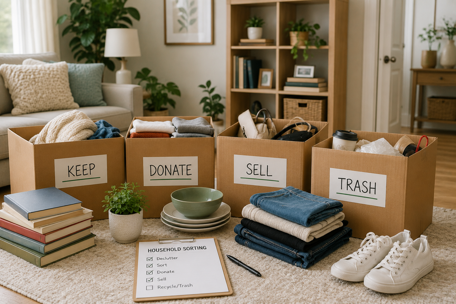 Cluttered room with piles of boxes, trash, and household items around a window and vacuum cleaner.