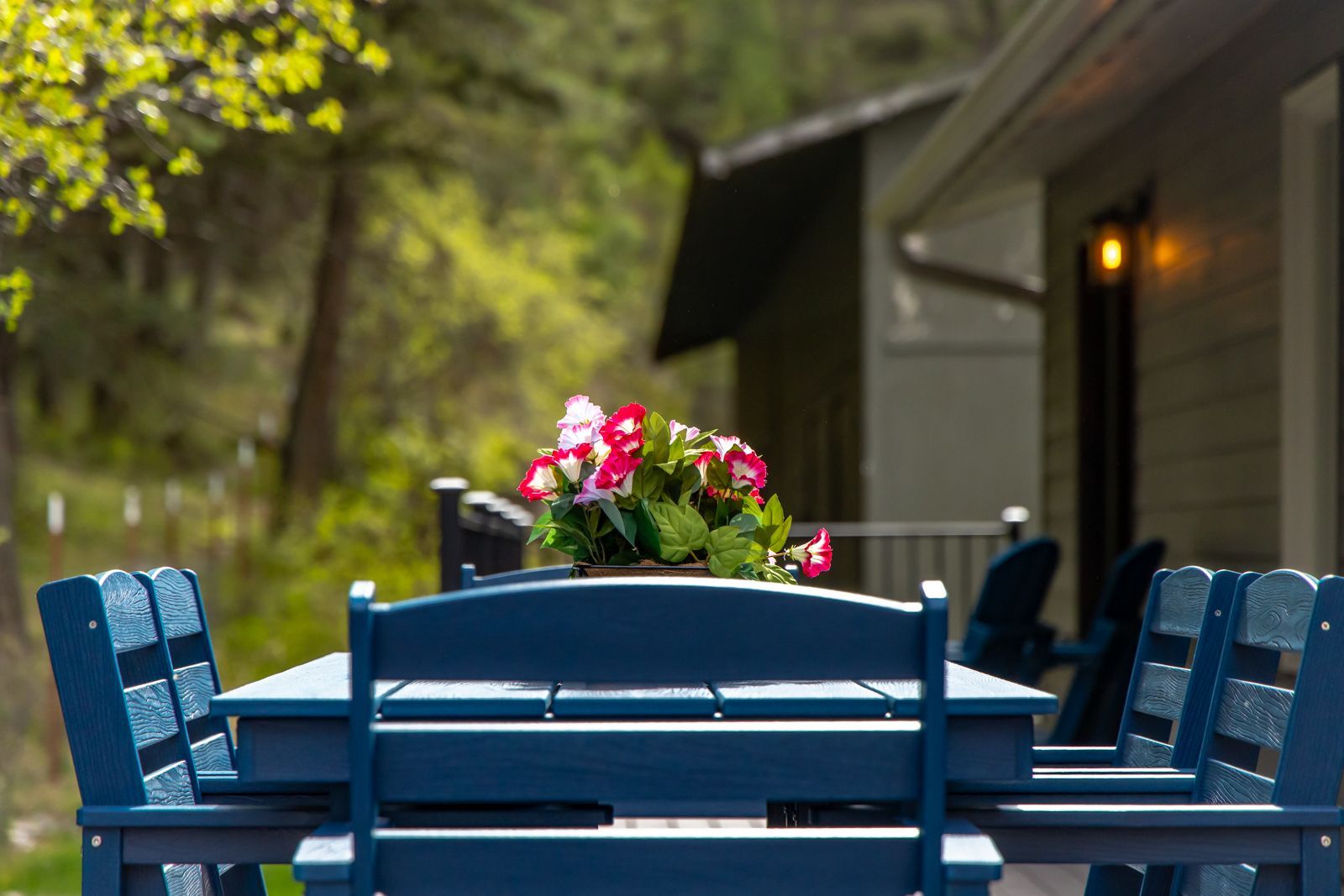 Blue outdoor dining table with chairs and pink flowers in a sunny patio garden