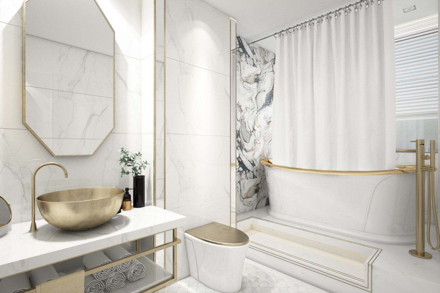 Bright white bathroom remodeling in Arlington Heights, IL, featuring gold fixtures, a marble sink, tub, shower curtain, and window blinds.