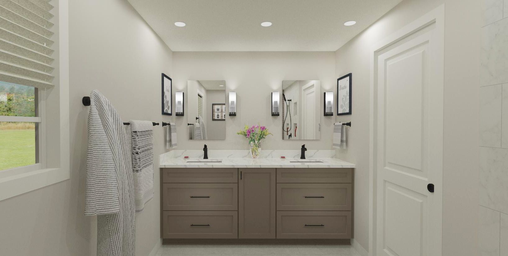 Modern bathroom with double vanity, large mirror, striped towel, and white door. In a modern kitchen with gray cabinets, an island, pendant lights, exposed wood beams, and two barstools in Arlington Heights, IL.