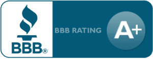 BBB accreditation badge with BBB logo and A+ rating on a teal background
