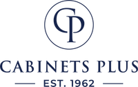Cabinets Plus logo in blue with stylized CP monogram and wordmark on a light background in Arlington Heights, IL