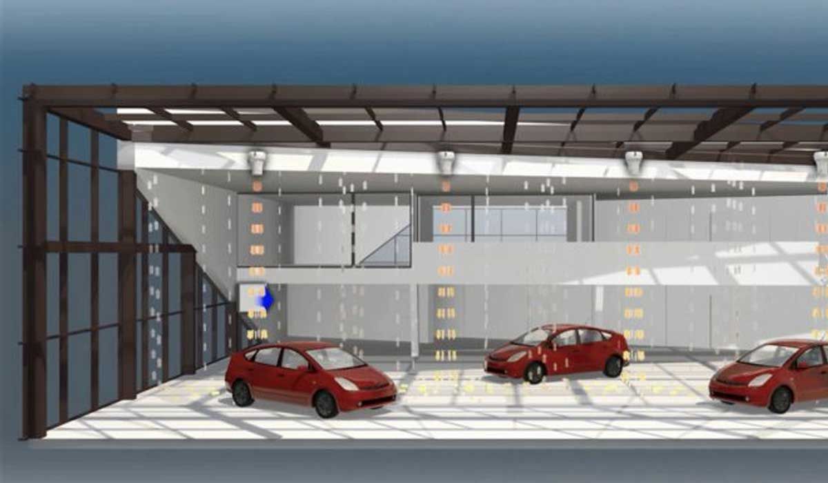 Artist image of how the Airius fans work in the car showroom