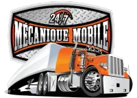 Dessin animé d'un semi-remorque orange avec les mots « MECANIQUE MOBILE 24/7 » au-dessus sur un fond métallique.