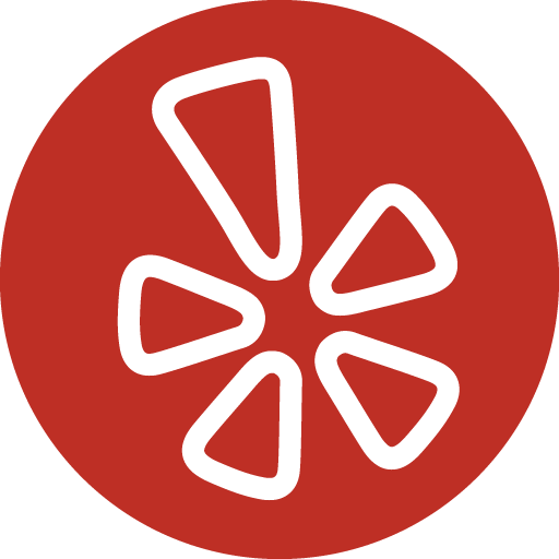 Yelp logo: White stylized flower on a red circle.