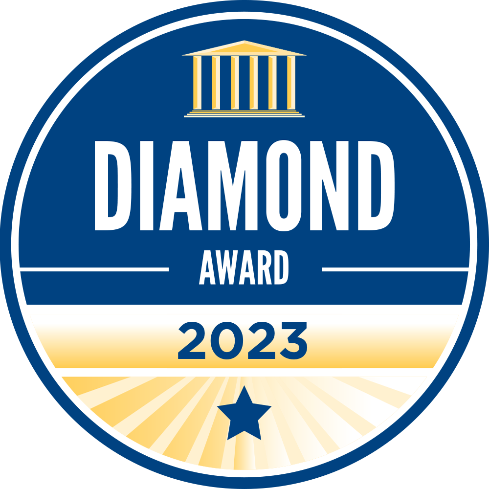 Blue-and-white Diamond Award badge with gold accents and “2023” at the bottom.