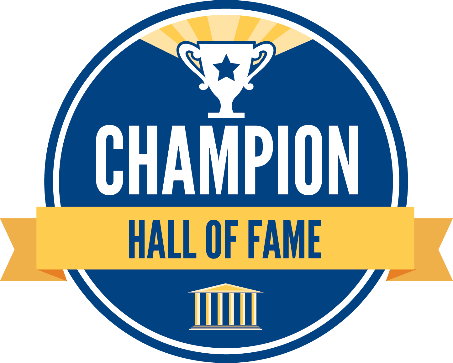 Champion Hall of Fame logo with blue circular badge, white trophy, and gold banner text