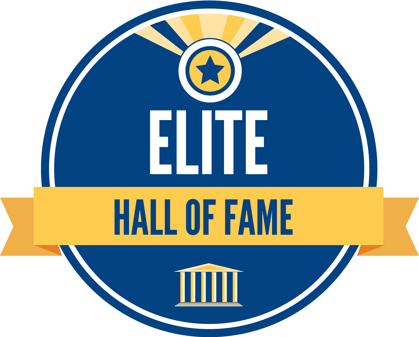 Blue and gold “Elite Hall of Fame” badge with star emblem and ribbon banner
