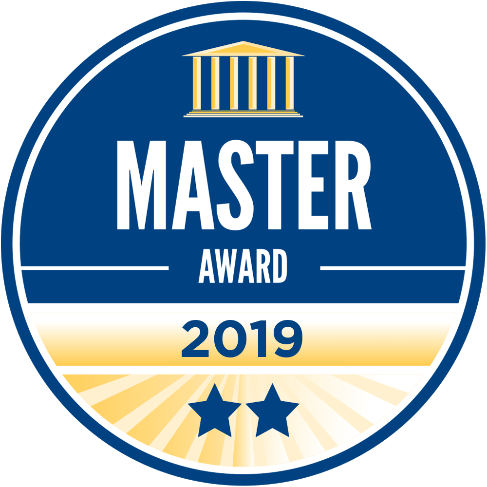 Blue and gold circular Master Award badge with 2019 and two stars