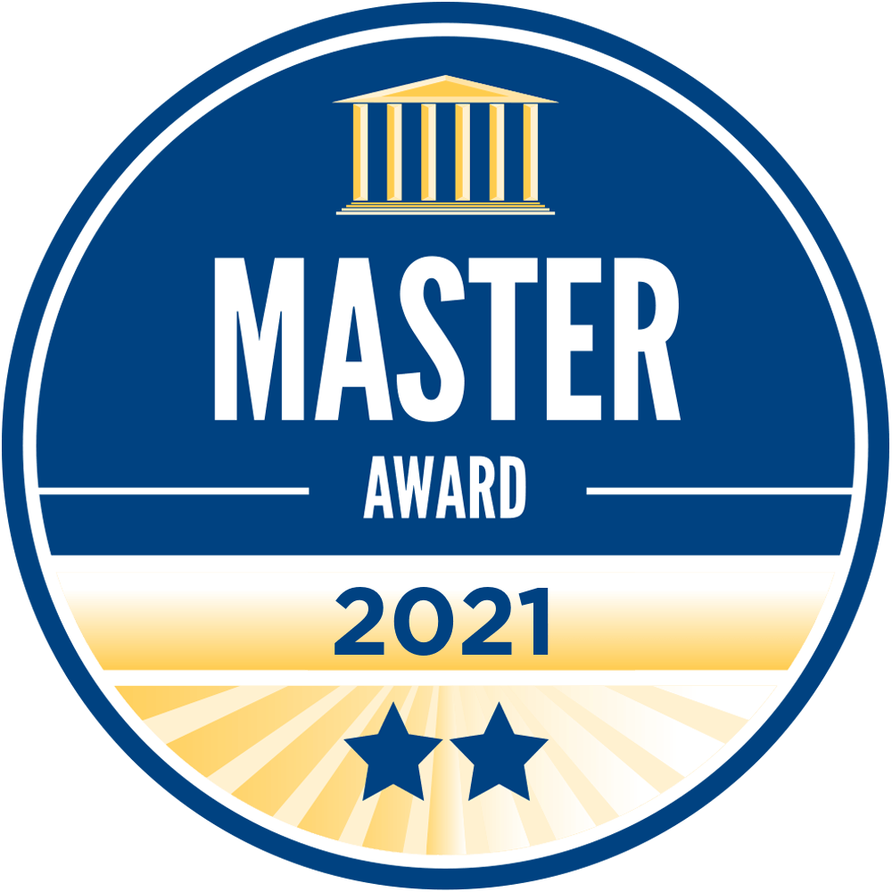 Blue circular “MASTER AWARD 2021” badge with gold accents and two stars