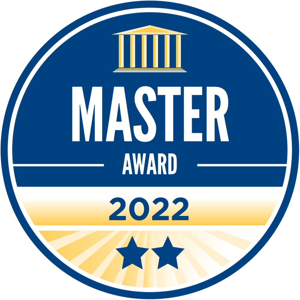 Blue circular “Master Award” badge with gold accents, “2022,” and two stars