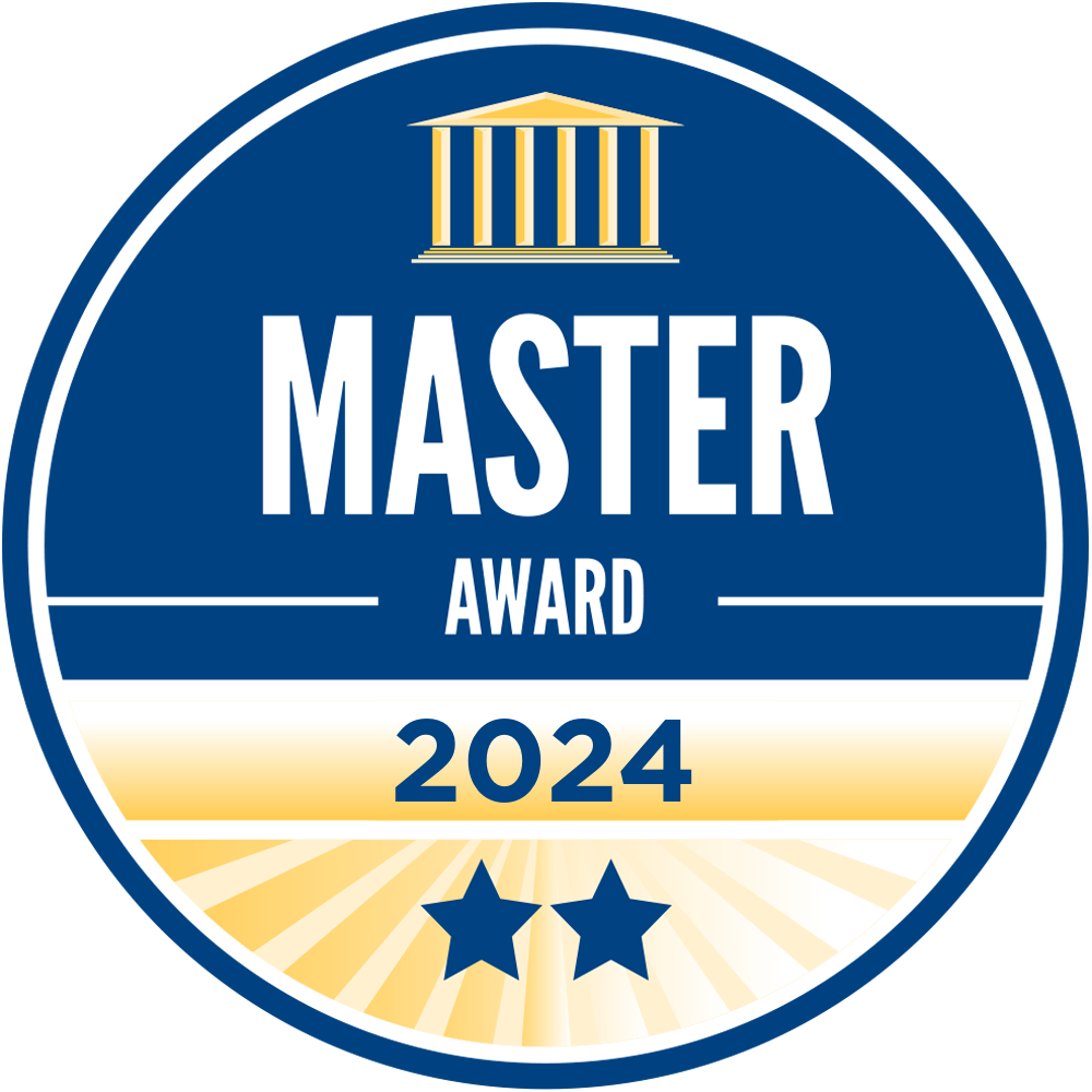 Blue and gold MASTER AWARD 2024 badge with two stars and white accents
