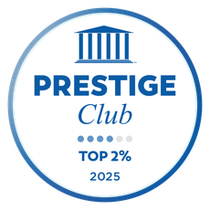 Blue-and-white circular badge reading “Prestige Club,” “Top 2%,” and “2025”