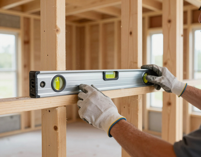 Gloved worker using a level to align a wooden frame in a house under construction