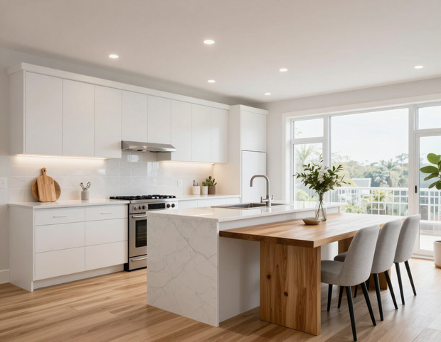 Bright modern white kitchen with wood floors, island, and dining chairs by large windows