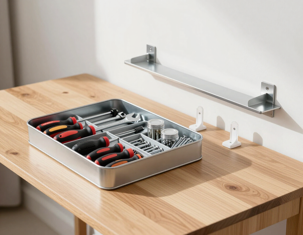 Tool tray with screwdrivers and bits on a wooden workbench against a white wall