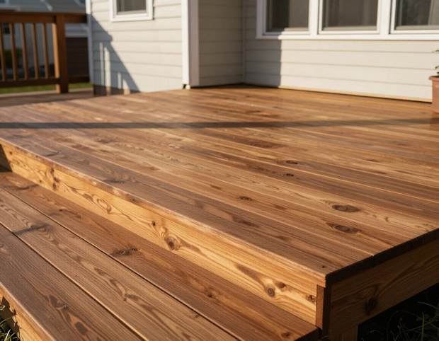Wooden backyard deck attached to a house, lit by sunlight.