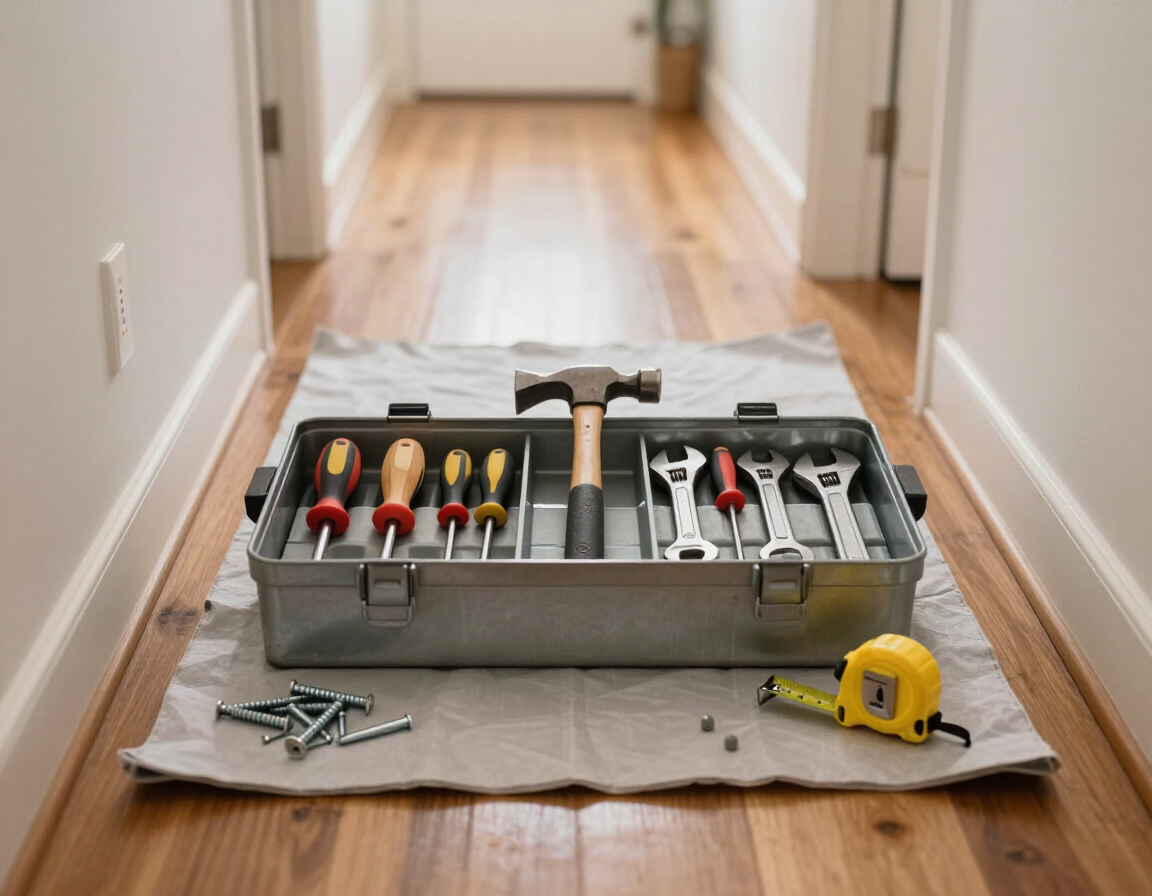Tool kit and tape measure on a drop cloth in a hallway under repair.