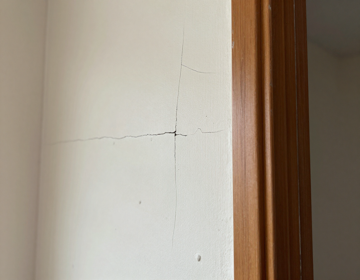 Cracked white wall beside a wooden doorframe.