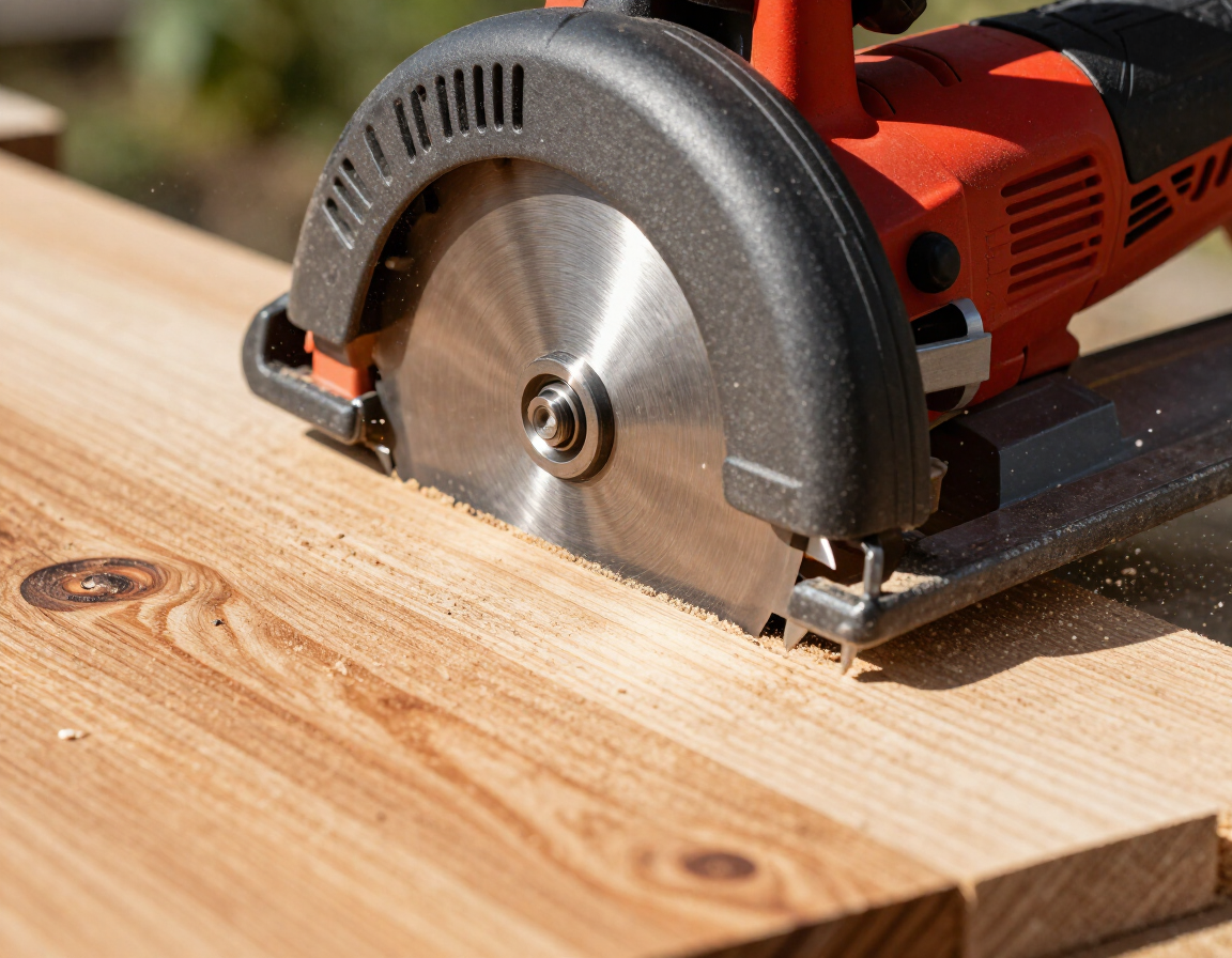 Close-up of a circular saw cutting a wooden plank