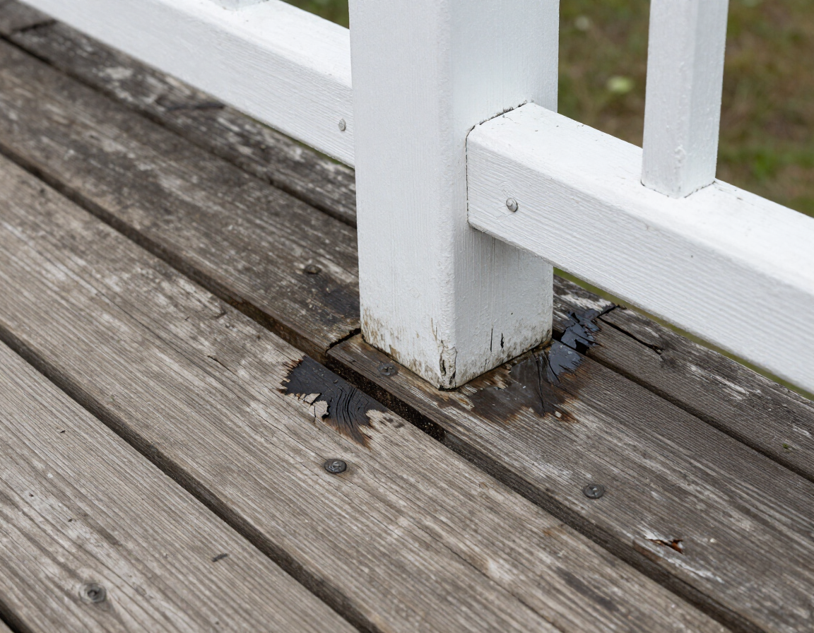 Close-up of a white porch railing post on weathered wooden decking, with peeling paint and water stains.