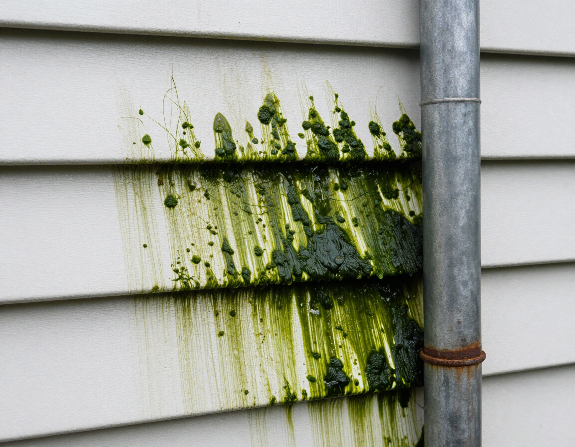 Green algae streaks on white house siding beside a gray drainpipe