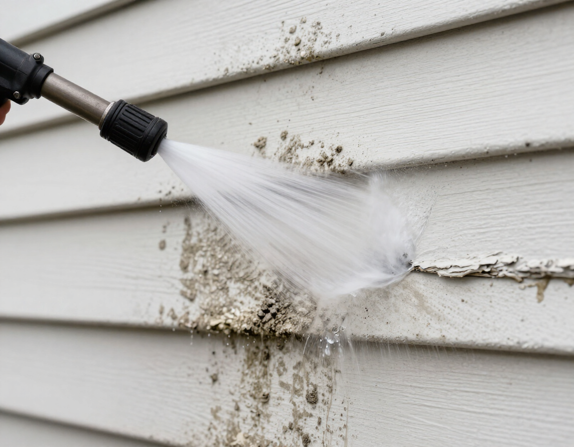 Pressure washer spraying dirty white house siding, cleaning mold and grime.