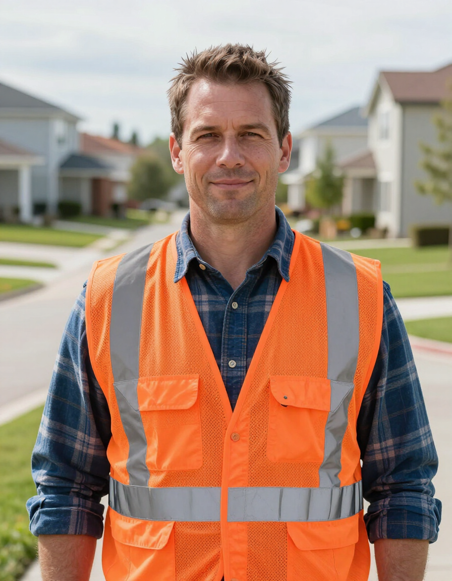 Man in orange safety vest standing in a suburban neighborhood, facing the camera.