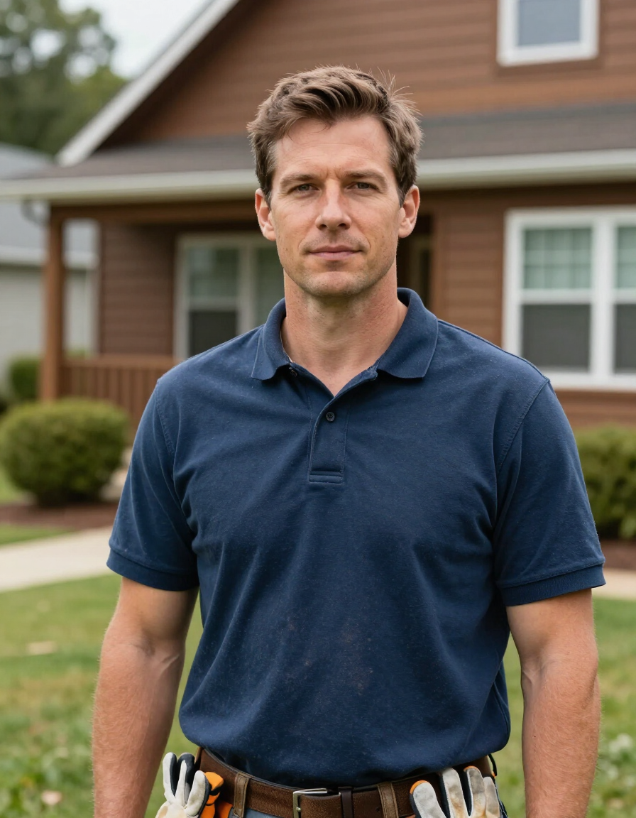 Man in navy polo standing in front of a suburban house, holding a tool belt