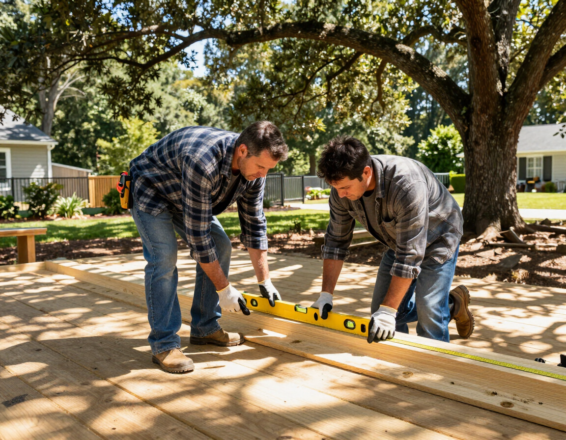 Two workers align wooden boards with a yellow level on a driveway under a tree