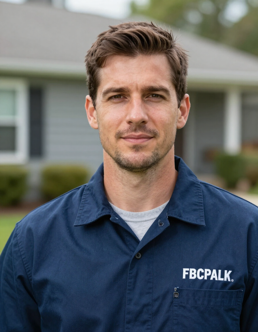 Man in a navy work shirt standing outdoors in front of a house, looking at the camera.