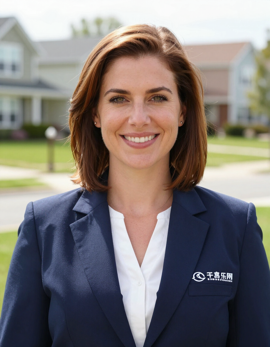 Smiling professional in navy blazer standing outdoors in front of suburban houses
