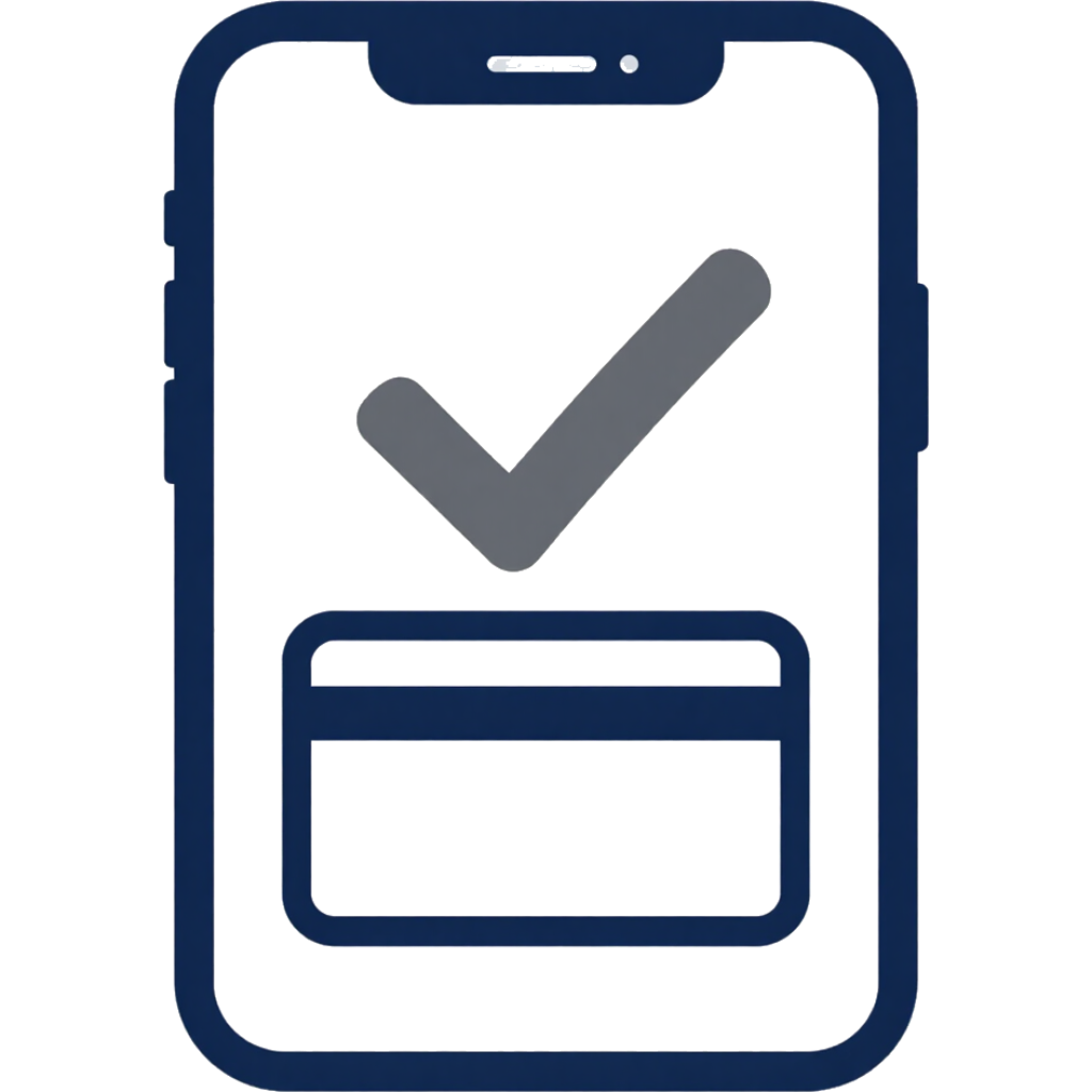 Blue smartphone icon with a checkmark above a credit card, indicating payment confirmation