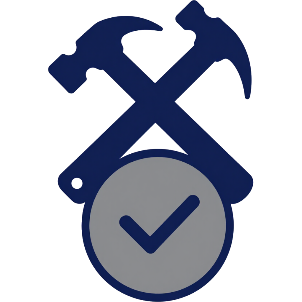 Blue crossed hammer and wrench over a gray circle with a checkmark icon