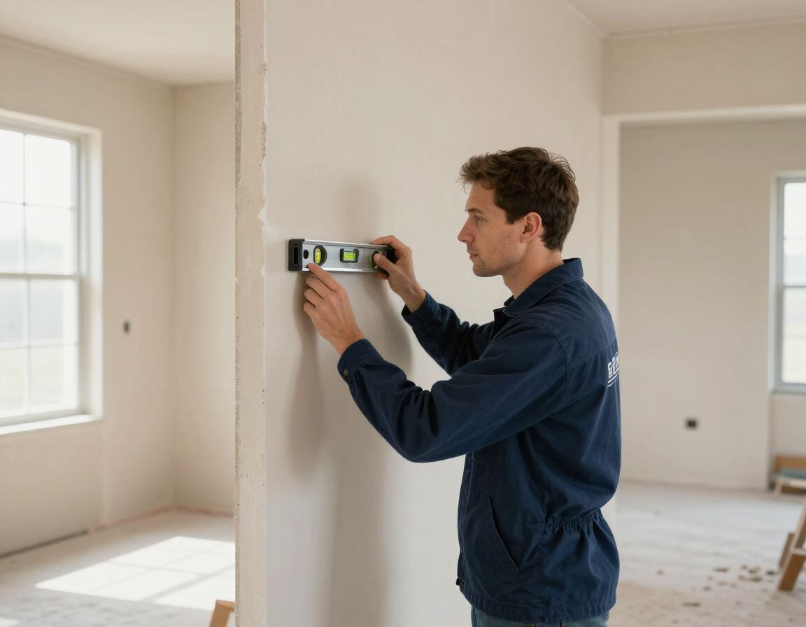 Man measuring a wall with a level in a bright, unfinished room