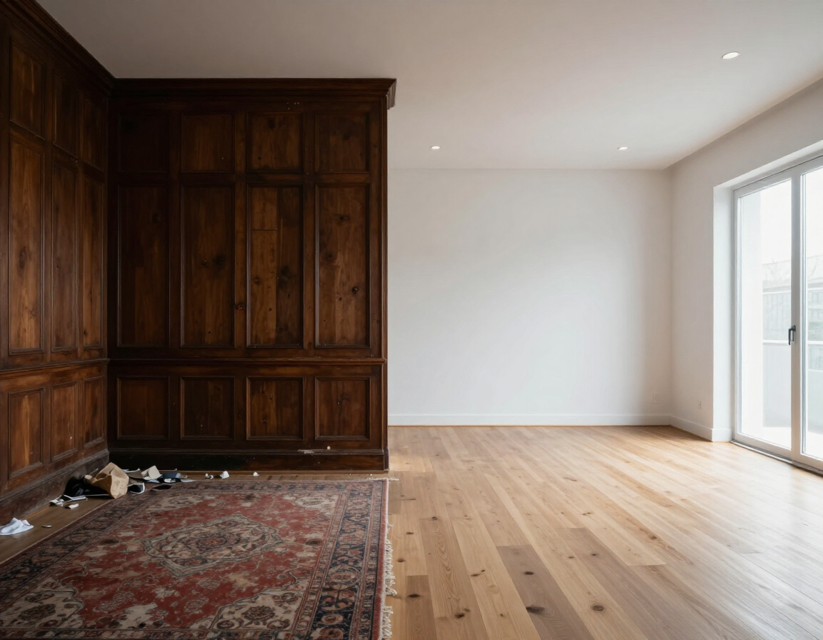 Empty modern room with wood paneling, hardwood floors, a patterned rug, and sliding glass doors