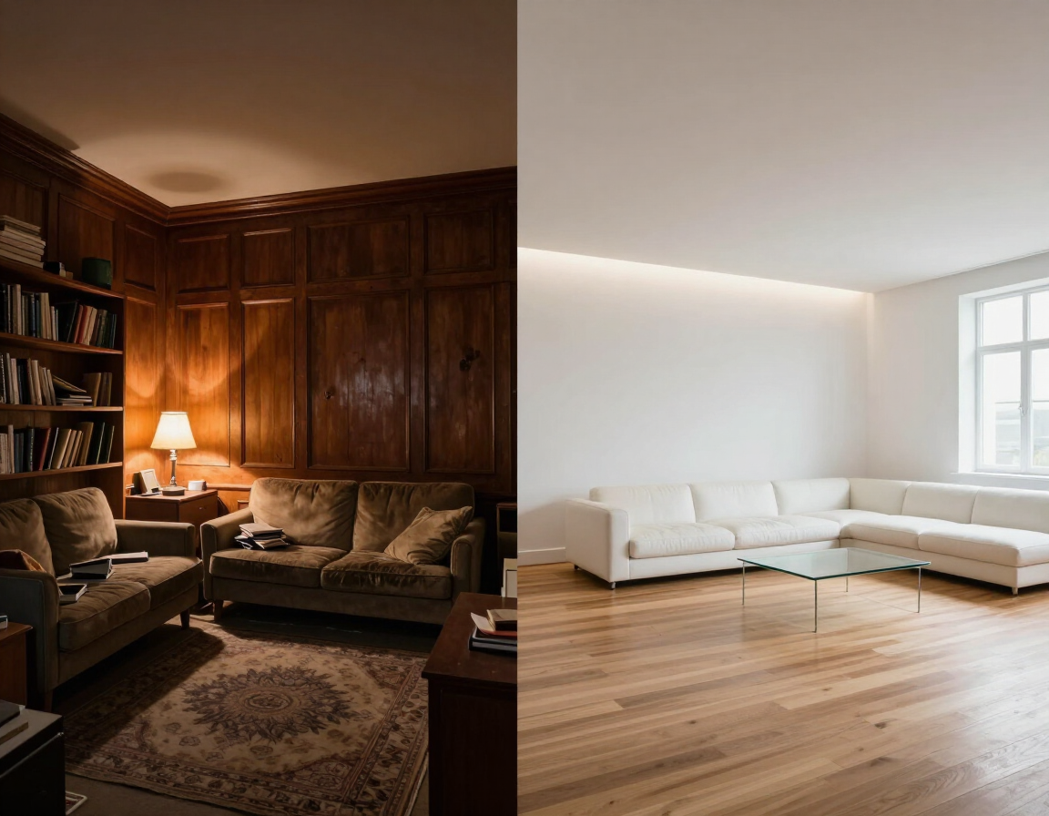 Split-screen living rooms: a dark, wood-paneled study with a lamp and sofa beside a bright white minimalist lounge.