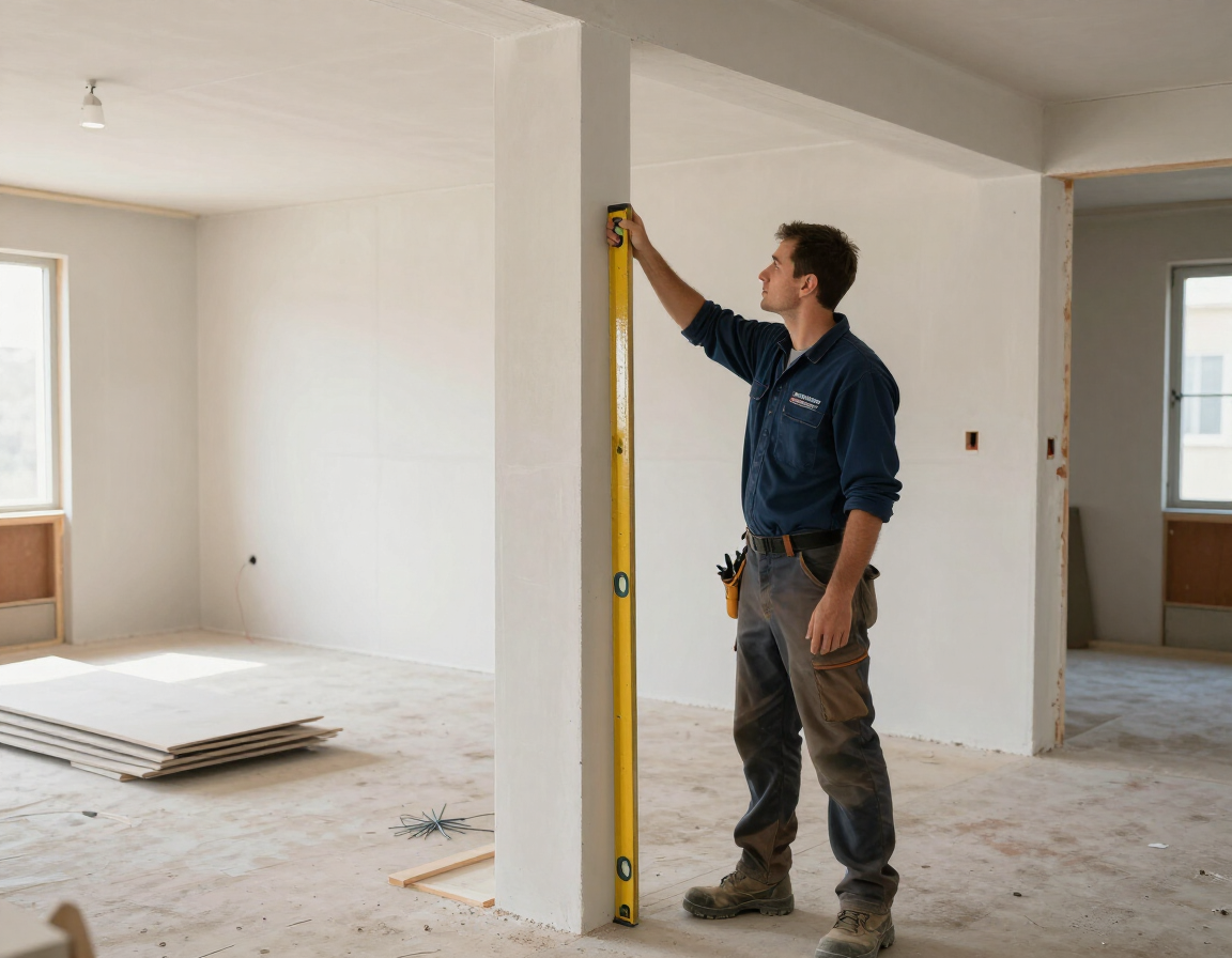 Worker measuring a white wall in an unfinished room with a yellow level.