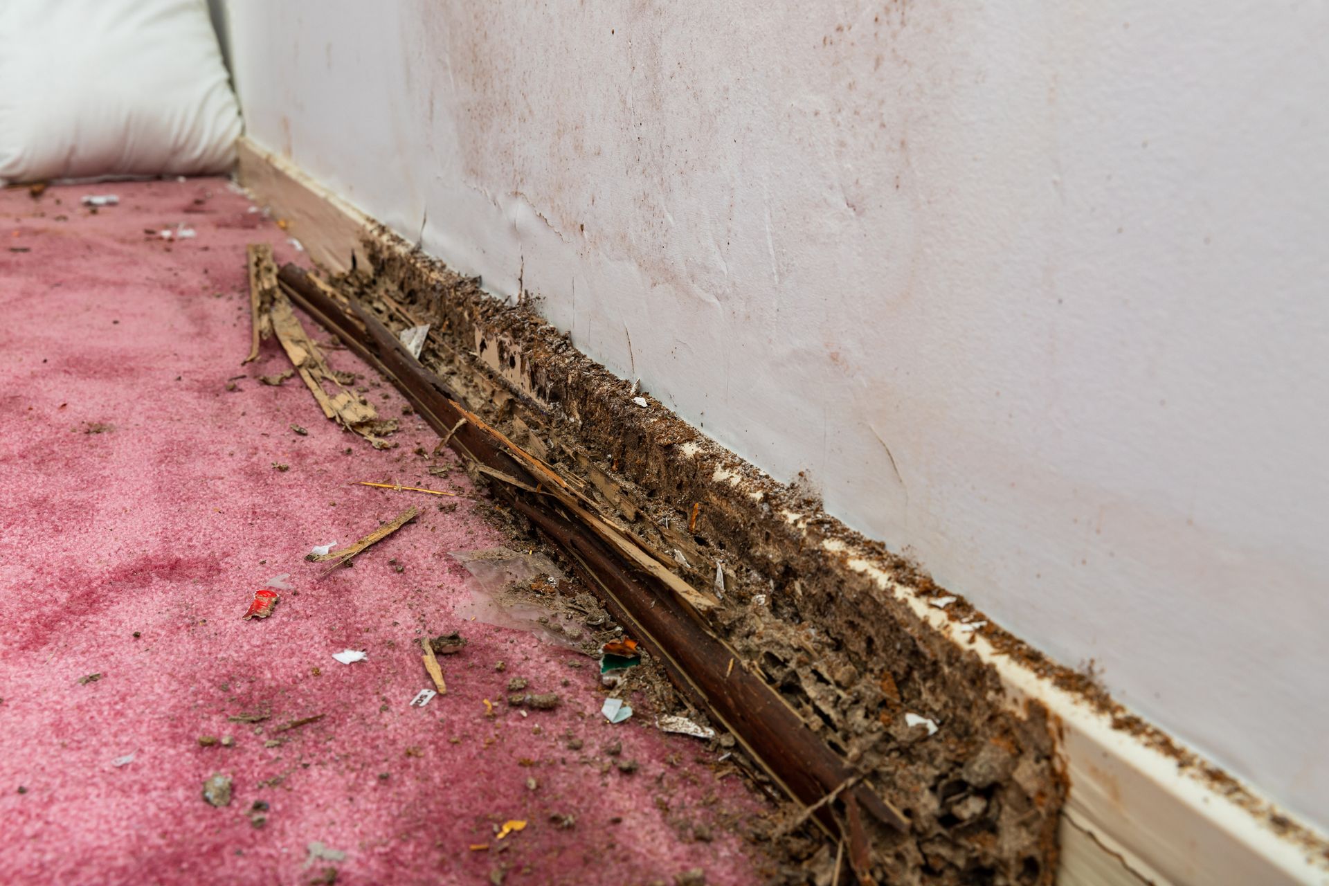 A Dirty Room With A Pink Carpet And A White Wall | El Centro, CA | IV Termite & Pest Control Inc.