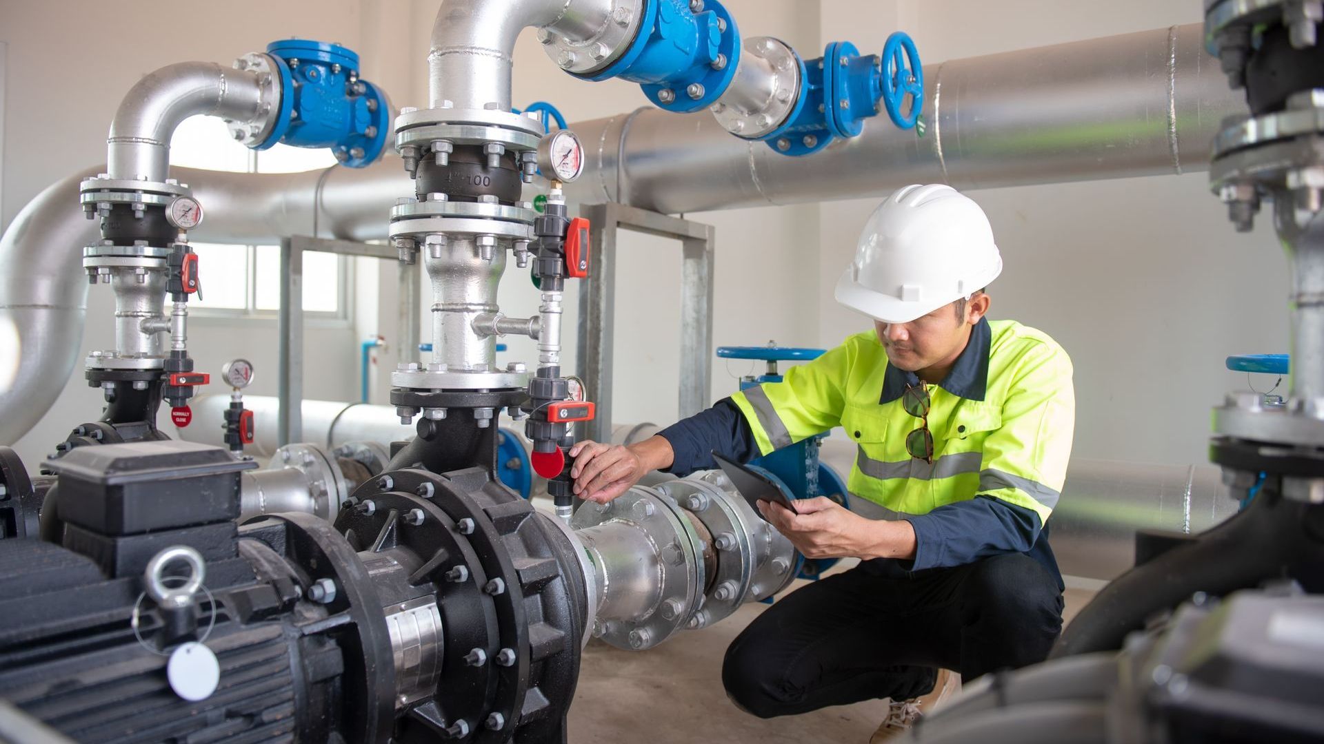 A man is working on a water pump in a factory.
