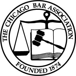 Logo of the Chicago Bar Association, featuring a balance scale, gavel over an open book, and the text
