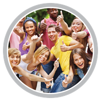 A group of young people are giving a thumbs up